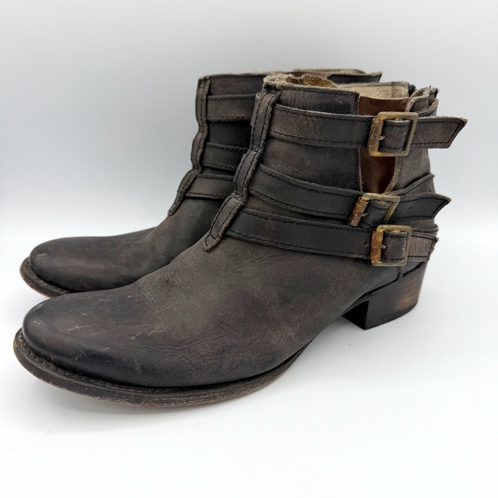 Freebird By Steven Soar Leather Ankle Boot Distressed Black Brown Western Rodeo